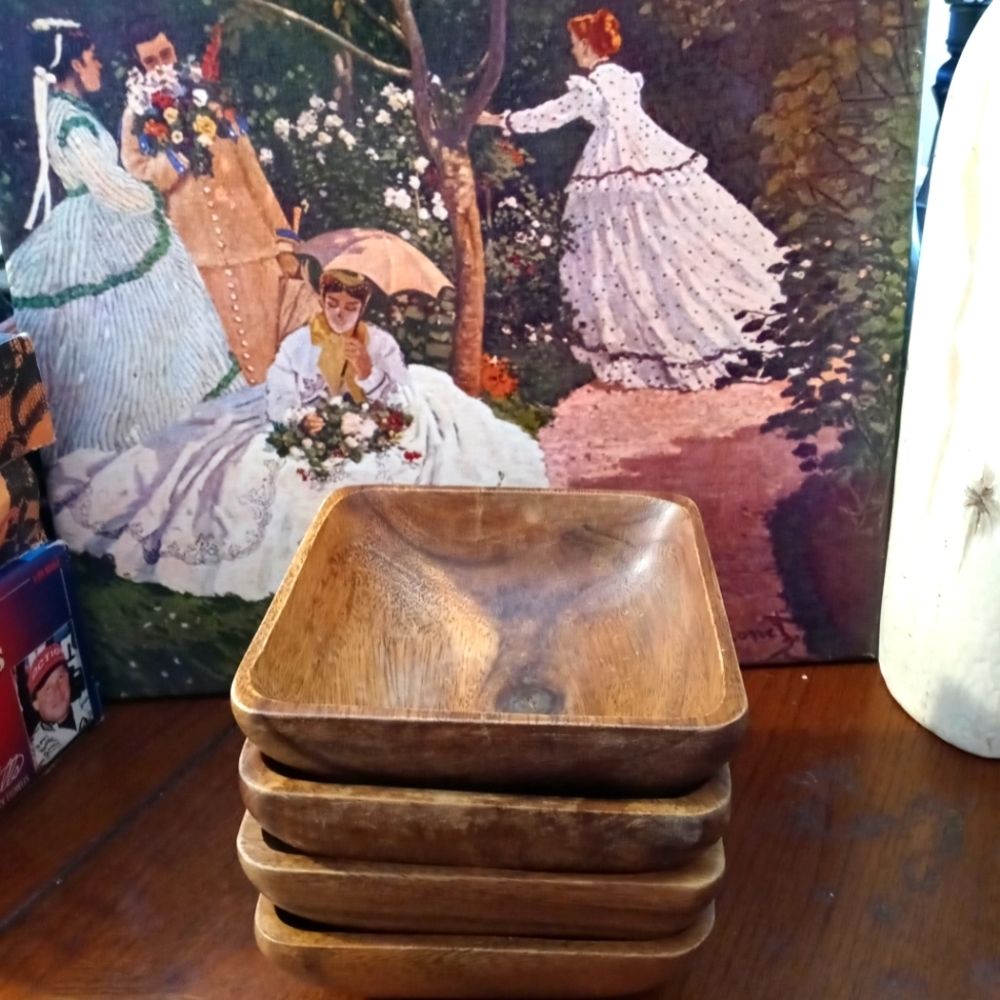 🍌🍒Acacia Collection Wood 4 Piece Square Bowl Set,Size 6"×2",Nice Gift.🍇